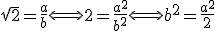 \sqrt{2}=\frac{a}{b}\Longleftrightarrow2=\frac{a^{2}}{b^{2}}\Longleftrightarrow b^{2}=\frac{a^{2}}{2}